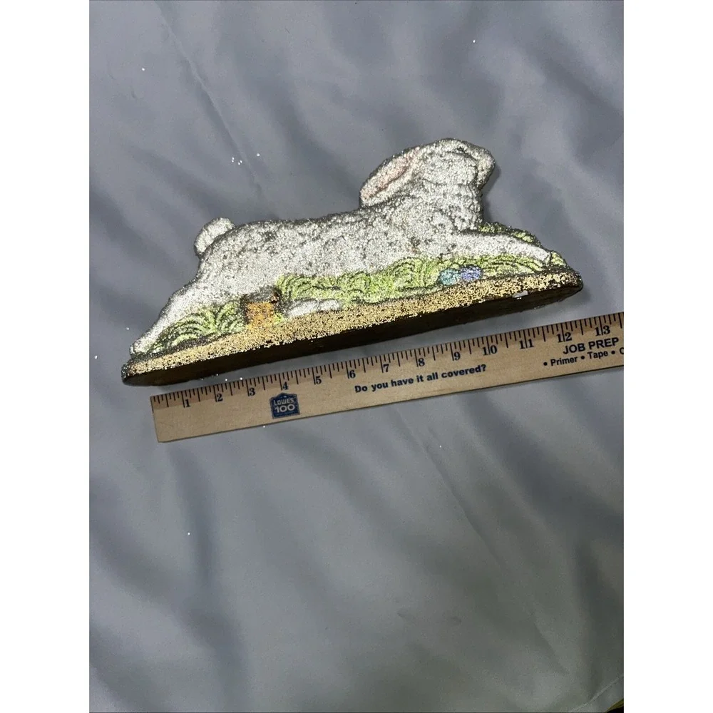 Glitter‎ Easter Bunny Rabbit Figurine Silver Green Grass Spring Decor 12 Inch